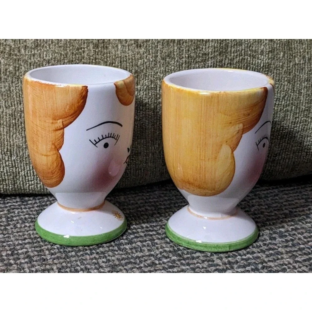 Pair Of Vintage Hand Painted Lady Face Ceramic Egg Cup Holders Unique